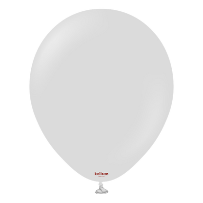 18-inch round translucent gray balloon with small red "kalisan" logo near the tied end.