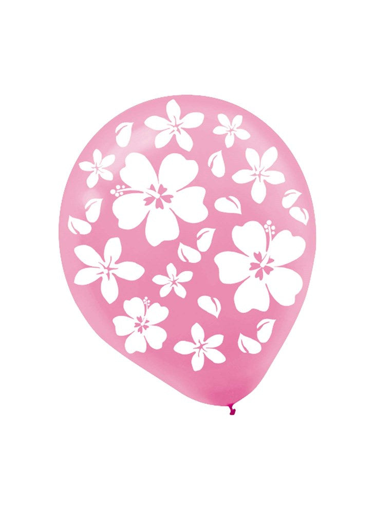 Pink 12-inch latex balloon decorated with white hibiscus flower prints.