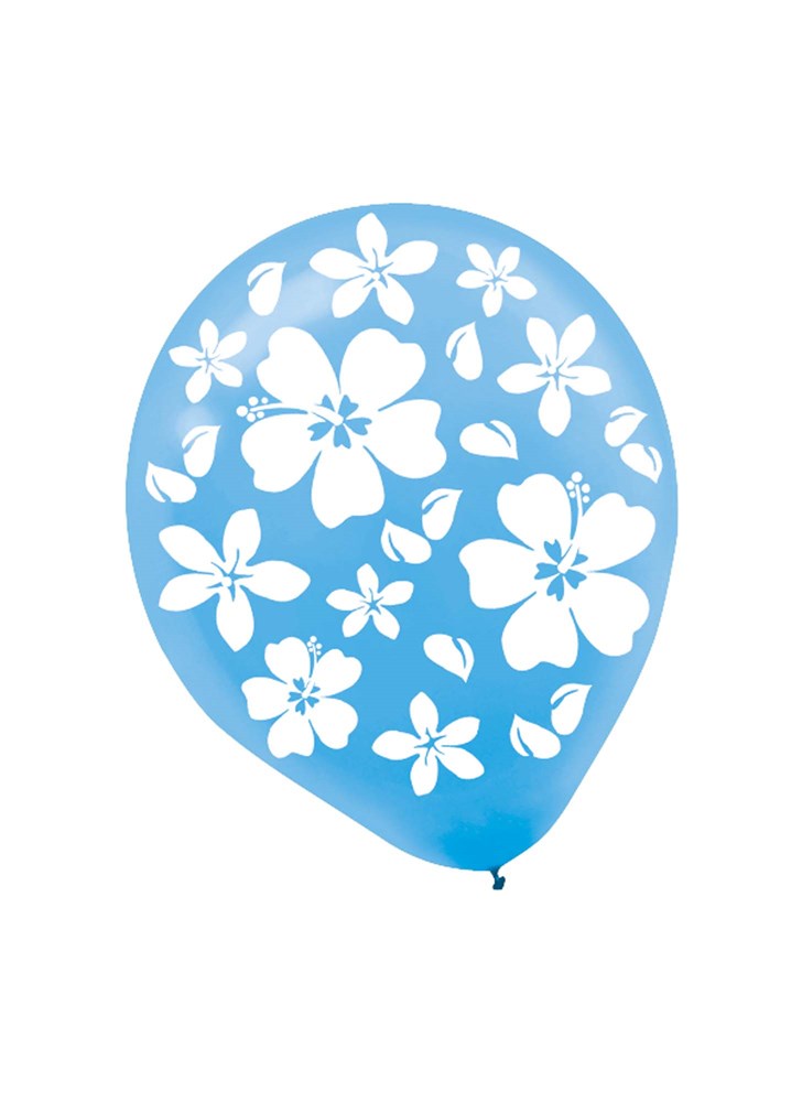Blue 12-inch latex balloon with white hibiscus flower print.