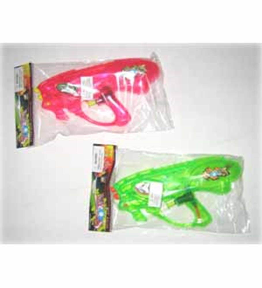 Set of two 9-inch translucent plastic water guns in bright pink and green with trigger handles.