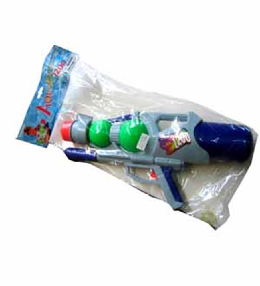 White and blue plastic water shooter with green accents, 20-inch length, packaged in clear plastic bag.