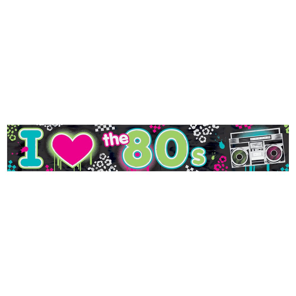 Colorful foil banner with "I ♥ the 80s" text in bright neon colors and a retro boombox graphic.