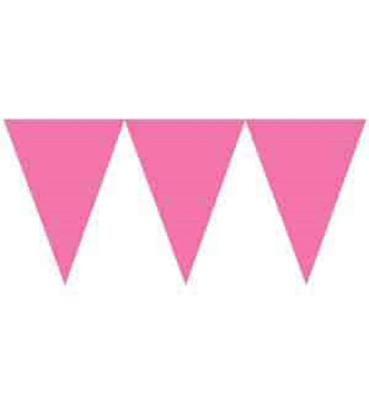 Bright pink triangular pennant paper banner with three flags on a white background.