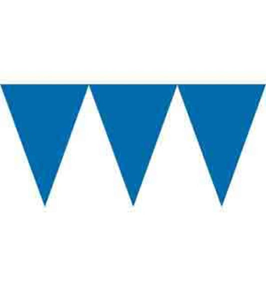 Bright royal blue paper pennant banner with triangular flags hanging on white string.