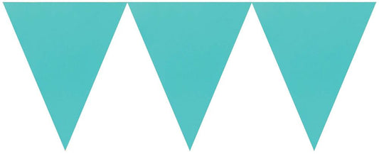 Robins egg blue triangular paper pennant banner with three flags on white string.