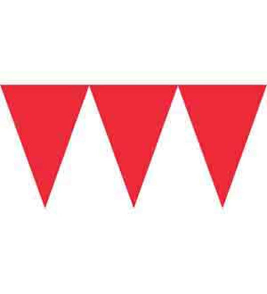 Apple red triangular pennant paper banner flags strung on white string.