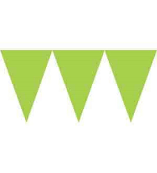 Green triangular pennant paper banner with three flags on a string.