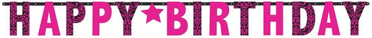 Black and pink giant banner letters spelling Happy Birthday with star accents.