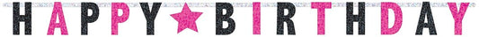 Black and pink banner letters spelling Happy Birthday with star-shaped separators.