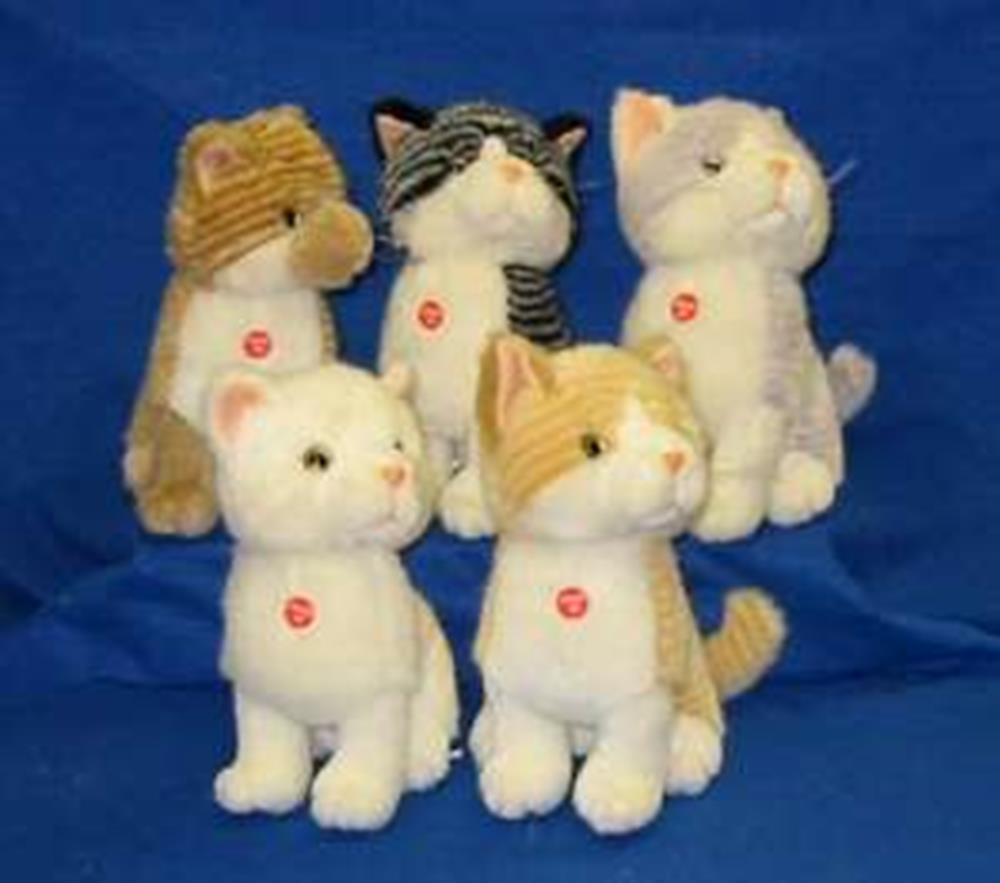 Set of five plush cat toys in various colors and patterns, soft fabric, about 8.5 inches tall.