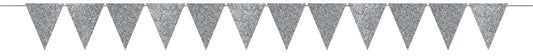 Large silver glitter paper pennant banner with triangular flags on string.