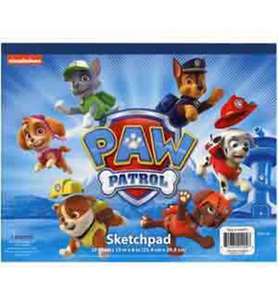 Paw Patrol sketchbook with blue cover featuring six characters and bold "Paw Patrol" logo, 10x8 inches.