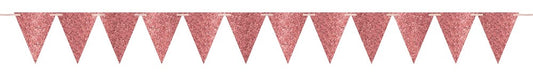 Large rose gold paper pennant banner with sparkling glitter finish and triangular flags.