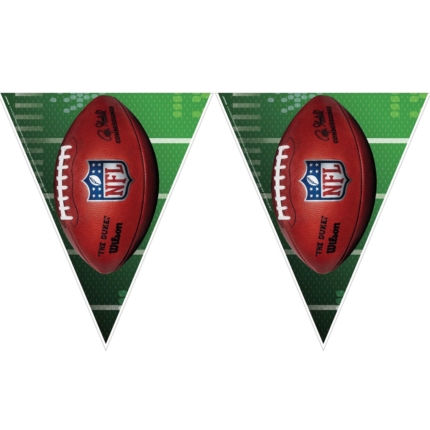 Green triangular pennants with a red NFL football graphic and silver accents on a string.