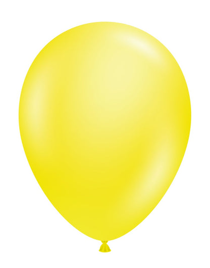 Bright yellow translucent latex balloon inflated to show teardrop shape with a tied end.
