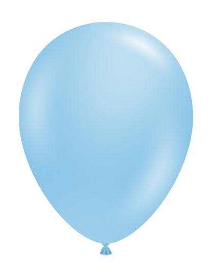 Single smooth baby blue latex balloon inflated and tied at the bottom.