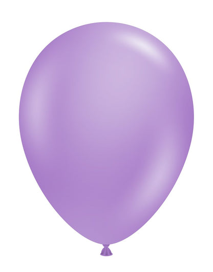 Lavender purple latex balloon with smooth finish, teardrop shape, inflated and knotted at the base.