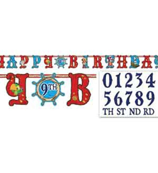 Colorful birthday banner with "Happy Birthday" letters, featuring red and blue themed Jake and The Neverland pirate design,.