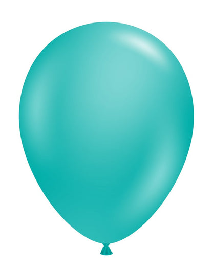 Teal 11-inch latex balloon with smooth, shiny surface and rounded teardrop shape.