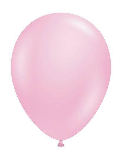 Shimmering pearlized pink 11-inch latex balloon with smooth round shape and knot at base.
