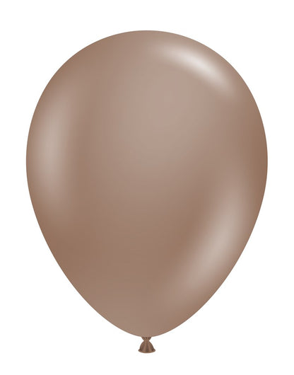 Smooth cocoa brown latex balloon inflated to show its round shape and tied end.
