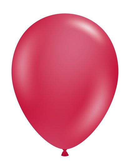 Glossy pearlized red latex balloon, 11 inches, classic round shape, inflated and tied at the bottom.