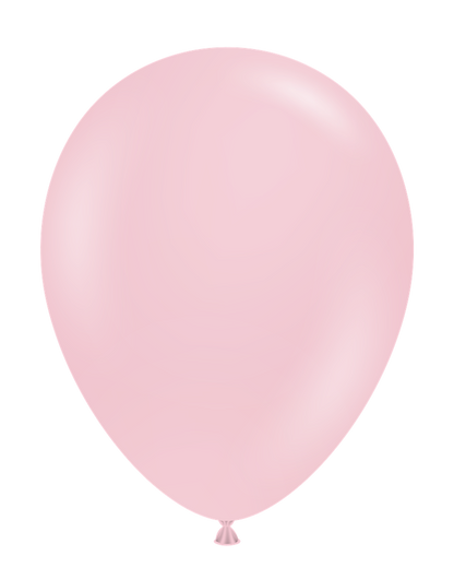 Soft pink 11 inch round latex balloon with smooth, glossy surface and knotted end.