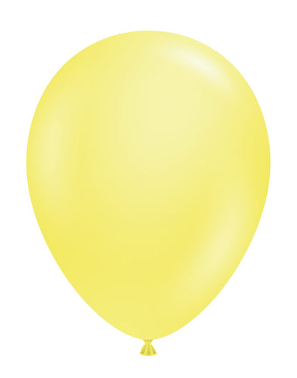 Glossy pearlized yellow latex balloon, rounded oval shape, 11 inches inflated size.