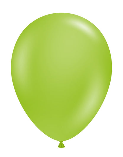 Bright lime green latex balloon inflated, smooth surface, oval shape, tied end visible.