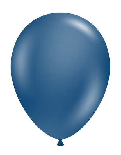 Navy blue 11-inch latex balloon with a smooth, glossy surface and tied end.