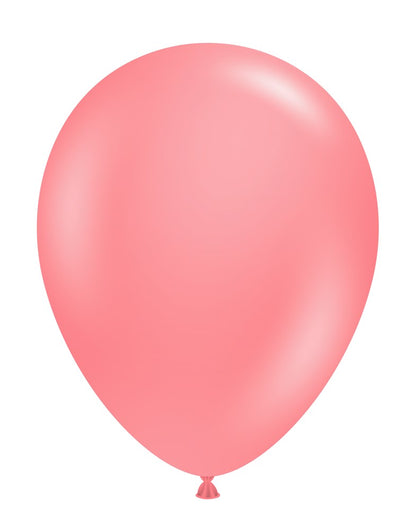 Glossy coral pink 11-inch latex balloon with a classic teardrop shape.