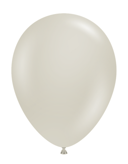 Light gray latex balloon inflated, smooth surface, rounded teardrop shape, tied end visible.
