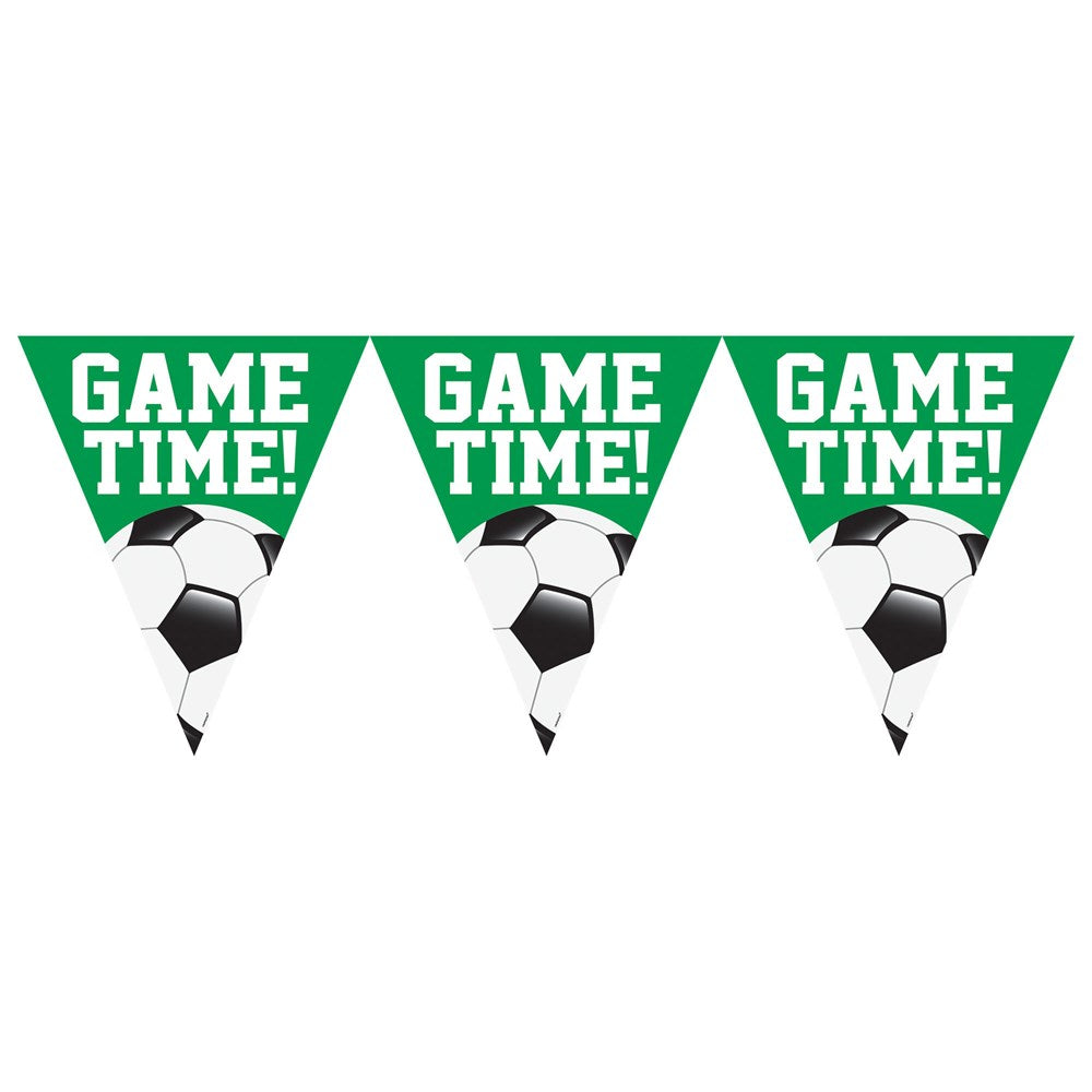 Green triangular pennants with white "GAME TIME!" text and black-and-white soccer ball graphics at the bottom.