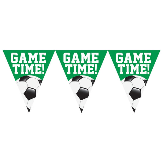 Green triangular pennants with white "GAME TIME!" text and black-and-white soccer ball graphics at the bottom.
