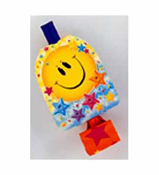 Yellow smiley face party blower with colorful star decorations and an orange mouthpiece.