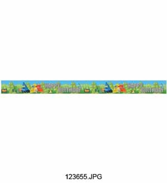 Colorful 5-yard Bob The Builder birthday banner with character images and green grass background.