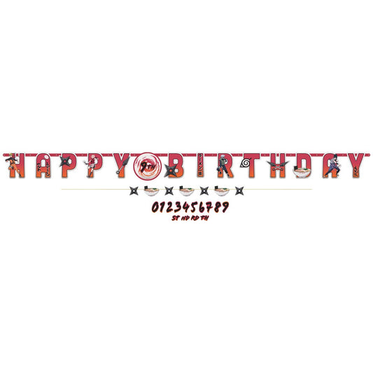 Naruto-themed jumbo letter banner spelling "Happy Birthday" with red, black, and white colors and character graphics.