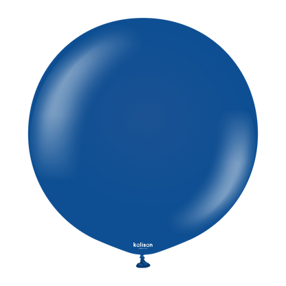 Large round dark blue latex balloon with a small tied neck at the bottom.