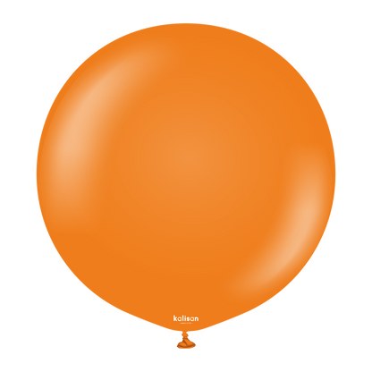 Large round bright orange balloon with a smooth surface and small tied neck at the bottom.