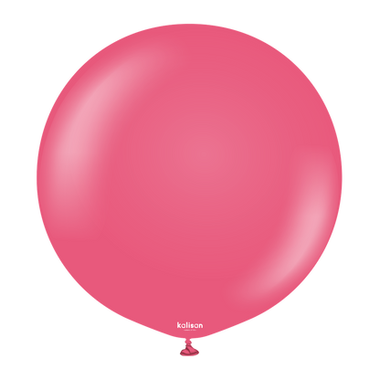 Bright fuchsia round latex balloon, 24 inch, smooth surface, tied at the bottom.