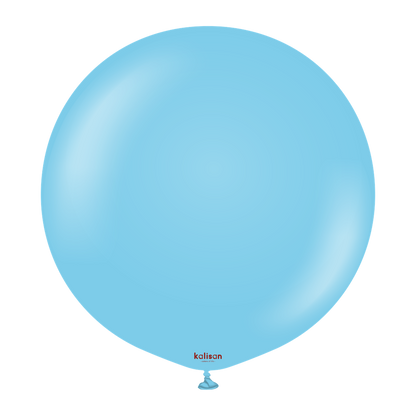 Two 24-inch round baby blue latex balloons with a smooth surface and small tied ends.