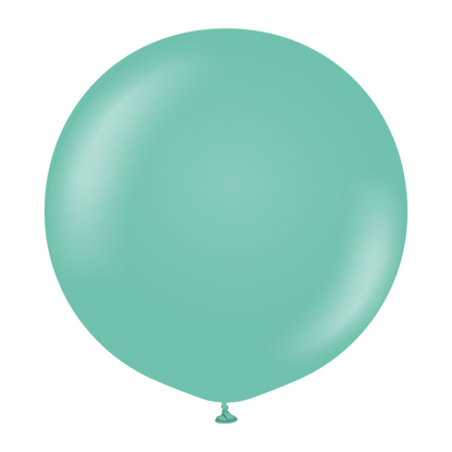 Sea green round latex balloon inflated to a smooth, shiny finish with a tied end.