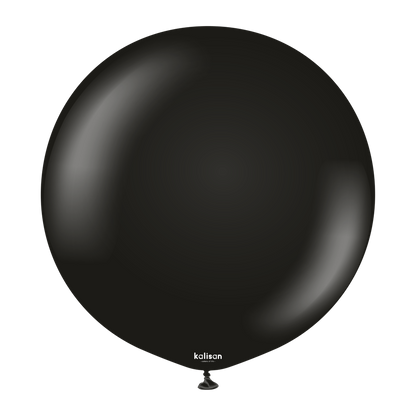 Large black round latex balloon with a glossy finish and a tied end at the bottom.