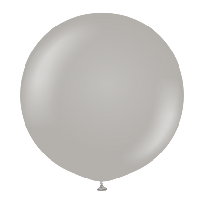 Large round grey latex balloon with a smooth surface and slight sheen, 24 inches wide.
