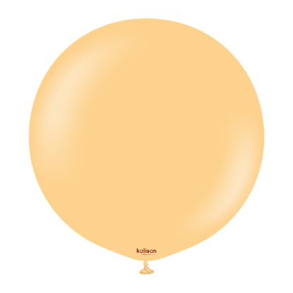Round peach latex balloon with glossy surface, 24-inch diameter, inflated and tied at bottom.