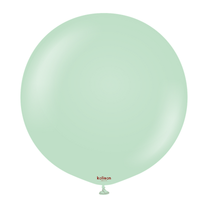 24-inch round macaron green latex balloon with a smooth, matte finish, inflated and tied at the bottom.