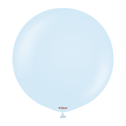 Two 24-inch round baby blue latex balloons with a smooth matte finish, labeled Kalisan Macaron.