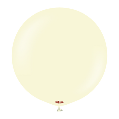 Pale yellow 24-inch round latex balloon with small knot at the bottom and "kalisan" logo near base.