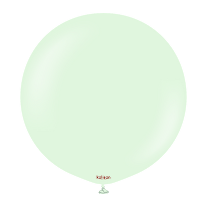 Two pale green 24-inch round latex balloons with a smooth matte finish and small tied ends.