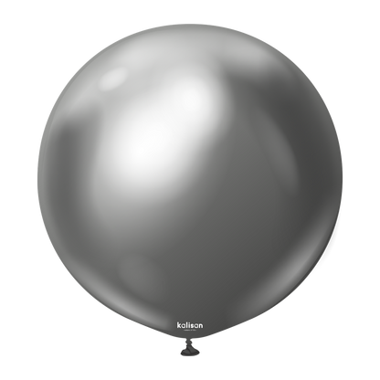 Round 24-inch metallic space grey balloon with a shiny mirror finish and small valve at the bottom.